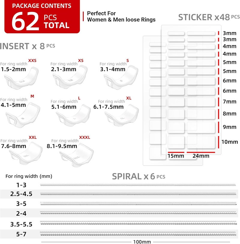 Omilly Ring Sizer Adjuster for Loose Rings - 62 Piece Set with 3 Styles (Ring Spacers, Spiral, Sticker), Fits Ring Widths 1-10mm, Invisible Design for Women & Men - Image 3